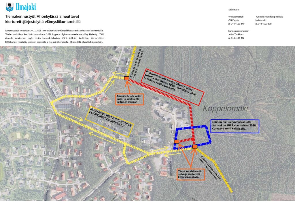 Karttakuva, johon on merkitty Ilmajoen Ahonkylässä sijaitsevan Käpälämäentien rakennustöistä johtuvat kiertoreittijärjestelyt. Kiertoreitti elämysliikuntareitille Käpälämäentien suunnasta kulkee Talttatien, Kalliovuorentien ja Kaarikalliontien kautta. Työmaa-alueen korvaavalla reittiosuudella on opasteita. 
